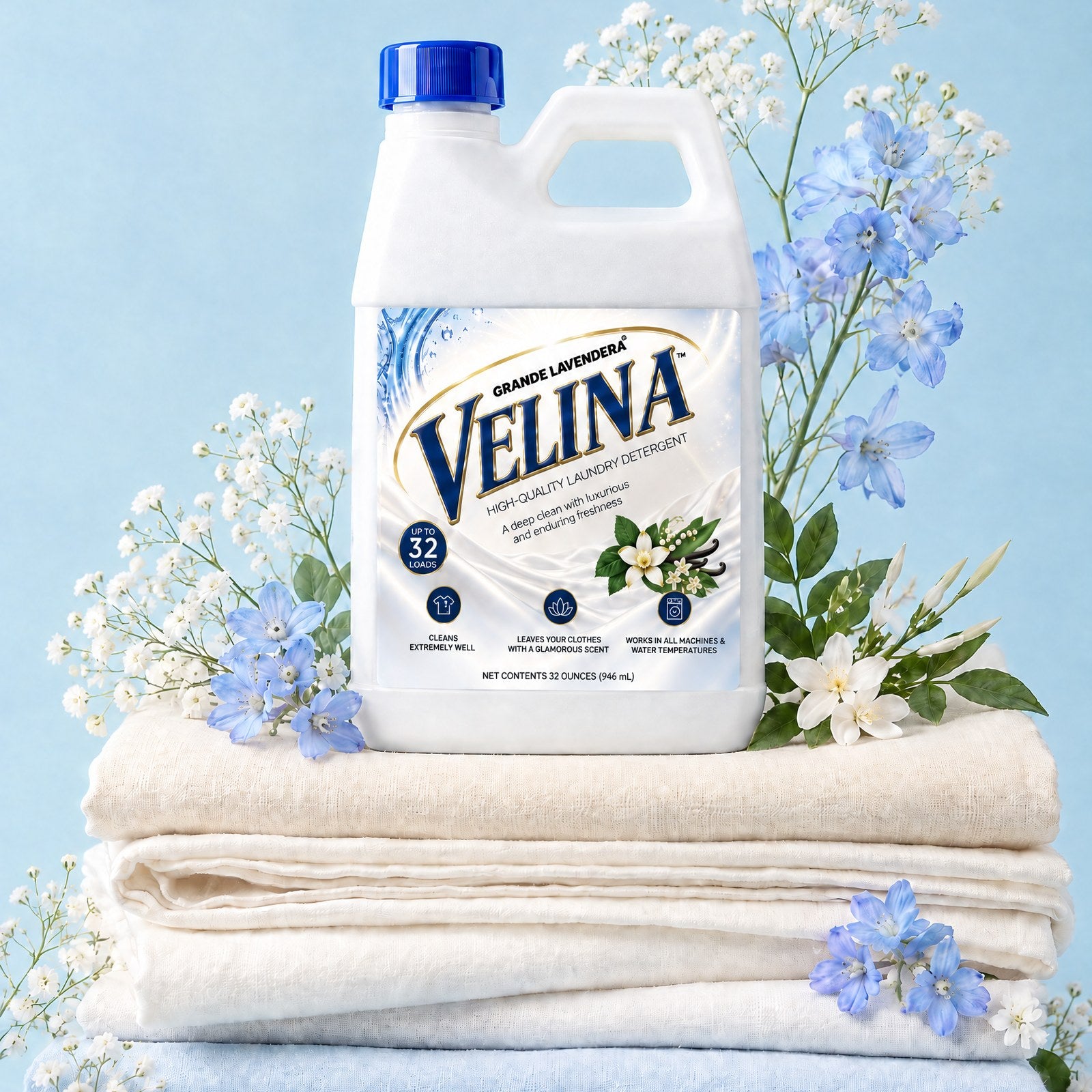 Velina high-quality laundry detergent by Grande Lavendera on a stack of folded cream linens with blue delphinium and white gypsophila