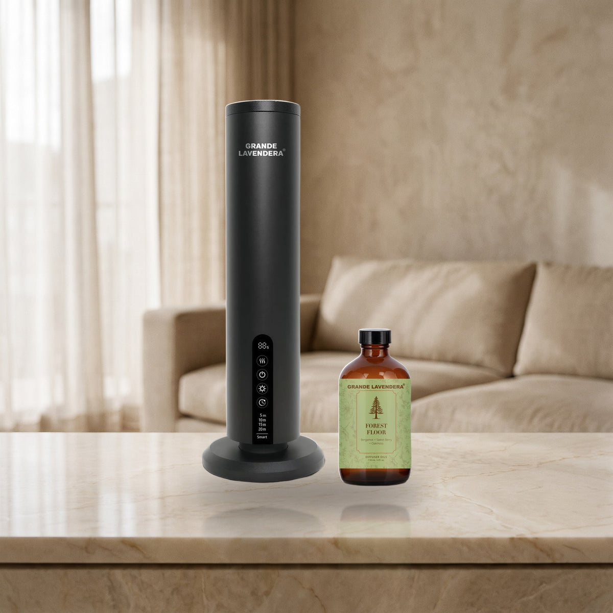 Grande Lavendera Smart App Waterless Aroma Diffuser with 4 oz Forest Floor diffuser oil on a marble console, introductory offer set