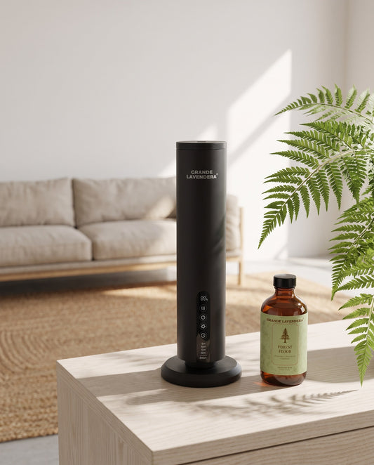 Grande Lavendera Smart App Waterless Aroma Diffuser with 4 oz Forest Floor diffuser oil in a bright living room