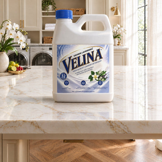 VELINA laundry detergent on a marble island in a sunlit cream laundry room