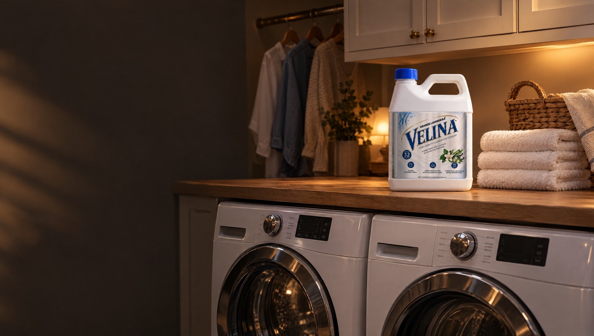VELINA laundry detergent on the counter above a washer and dryer in a warmly lit laundry room, with folded towels and a laundry basket