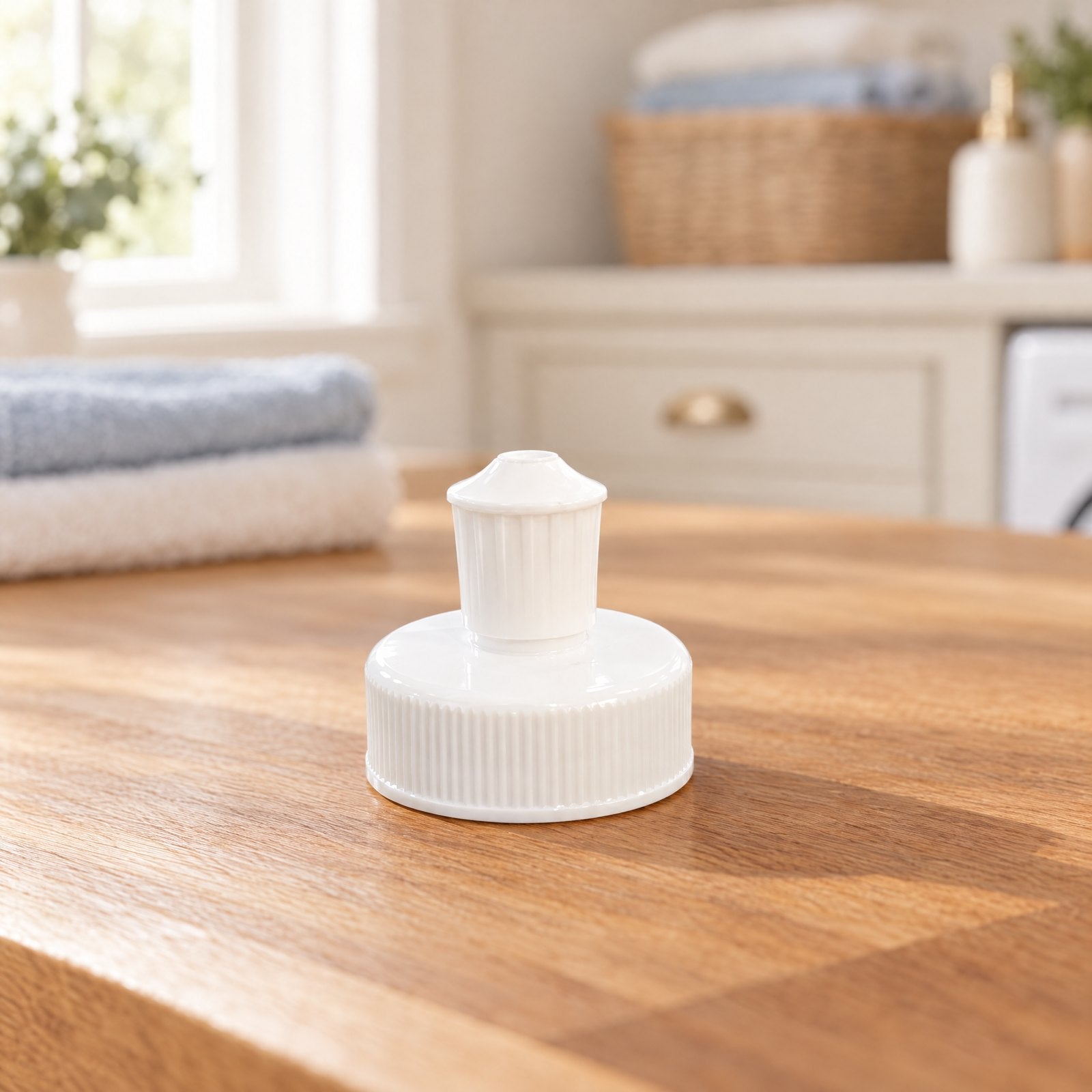 VELINA dispenser cap on an oak counter in a sunlit laundry room