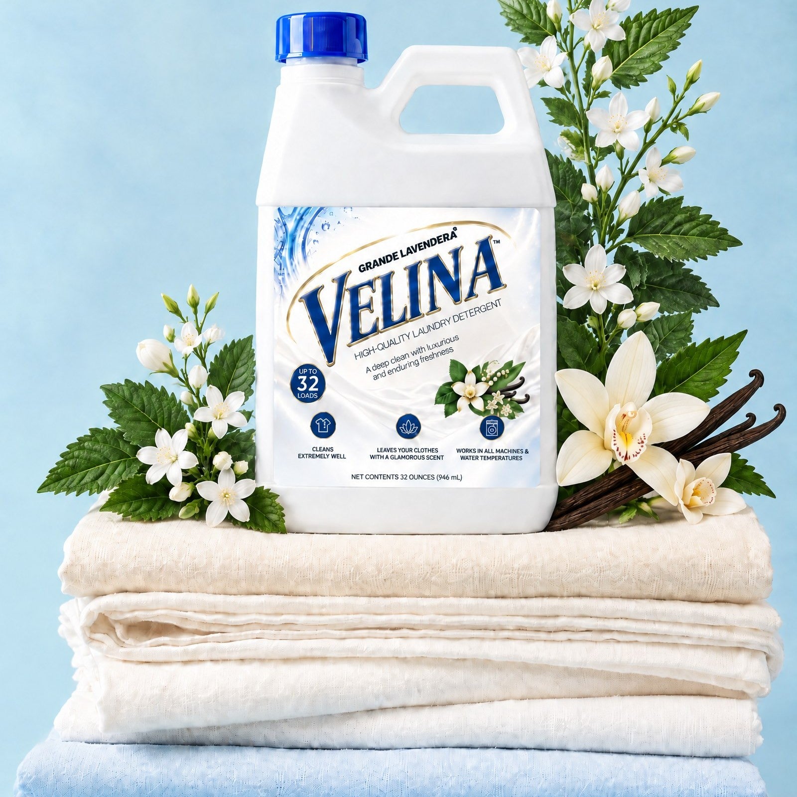VELINA on folded linens with jasmine, vanilla orchid and vanilla beans