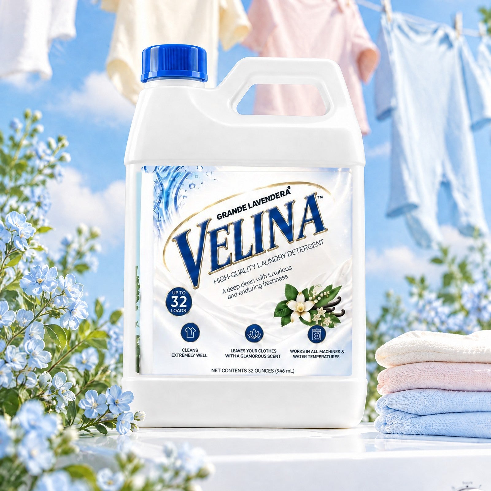 VELINA laundry detergent on a washing machine with blue flowers, folded towels and clean laundry drying on a line under a blue sky